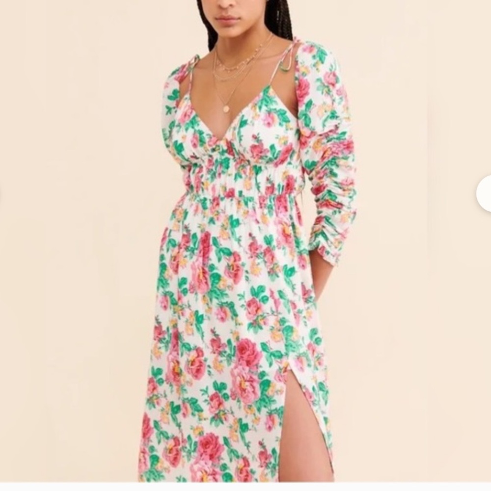 Floral Tie-Shoulder Maxi Dress in White and Pink